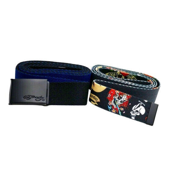 Ed Hardy belt set 1 buckle 2 webbings Black with skull/rose Dark blue #69780 $47