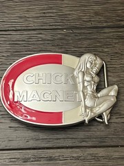 SMC Chick Magnet Belt Buckle Mens Silver Red Cream Enamel Pinup 2005 Novelty