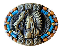 Brass Finish Native American Buckle Western Cowboy Turquoise Stone Belt Buckle