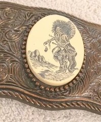 Vintage Simulated Scrimshaw Bronze Look Belt Buckle Detailed Indian Dancer RARE
