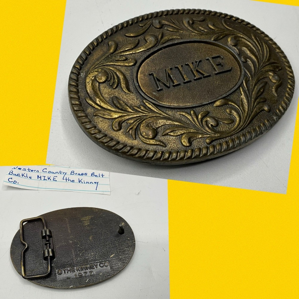 Western Country Brass Belt Buckle MIKE the Kinney Co. Vintage 1977 Oval Buckle