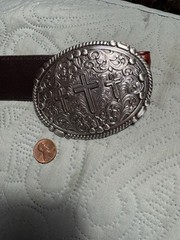 Nocona Men&rsquo;s Western Oval Rope Edge 3 Cross Belt Buckle On Leather Belt