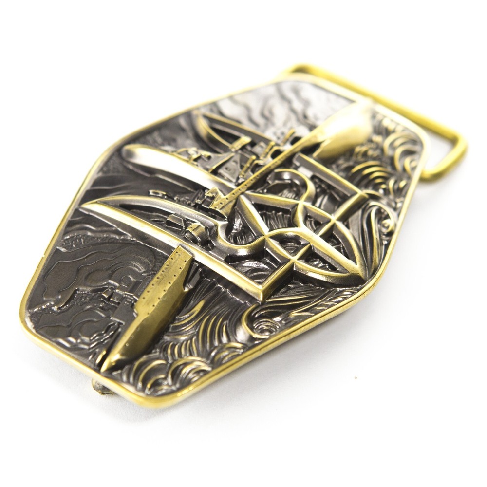 Warship done! solid brass belt buckle, ukrainian trident, russian combat ship