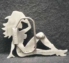 XE11116 VINTAGE 2005 CUT-OUT *NUDE COWGIRL* ARTWORK MENS SILVERTONE BELT BUCKLE