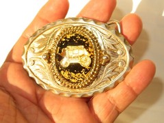 Belt Buckle Western Style Gold Tone Oval Stage Coach Gold Flake Inlaid Vintage