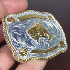JUSTIN Silver Mexico Horse Head 2-5/8”x2-1/8” Belt Buckle SHINY GOLD SILVER Tone
