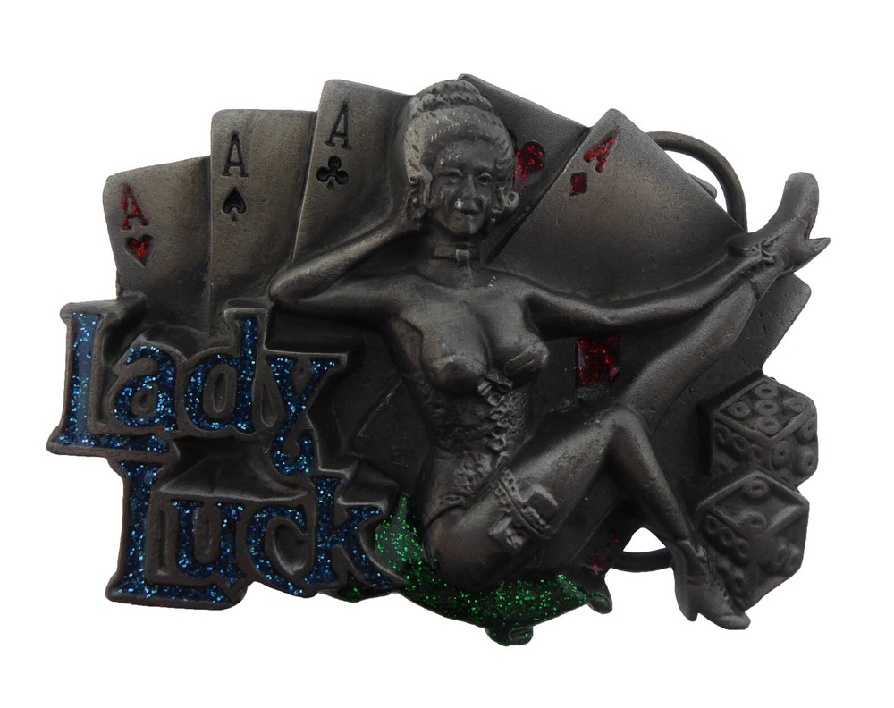 LADY LUCK FOUR ACES ROYAL FLUSH FULL HOUSE GLITTER MUDGIRL ANTIQUED BELT BUCKLE