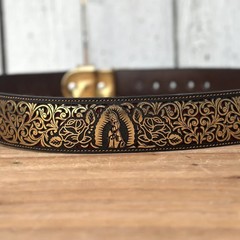 Genuine Laser Cut Leather Virgen Western Belt with Removable Buckle – Gold