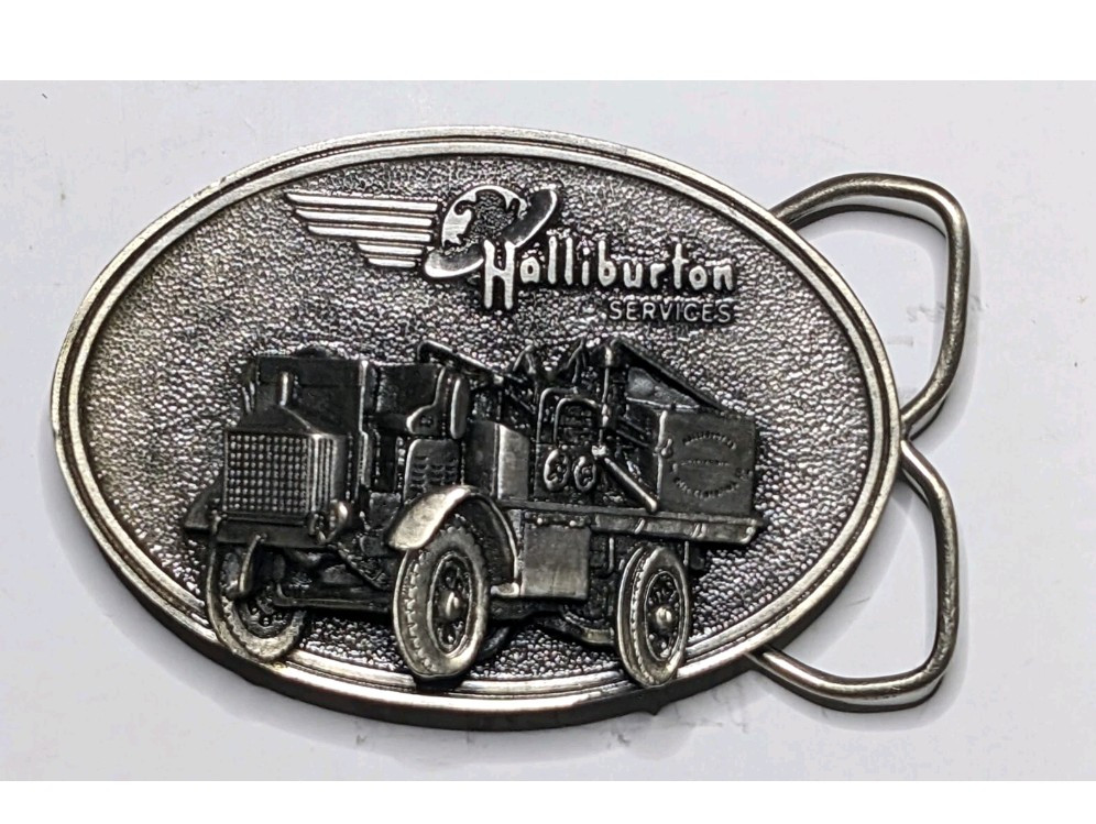 VIintage Halliburton Services Belt Buckle Mens Silver 1916 FWD Truck Pumper 80s
