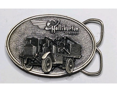 VIintage Halliburton Services Belt Buckle Mens Silver 1916 FWD Truck Pumper 80s
