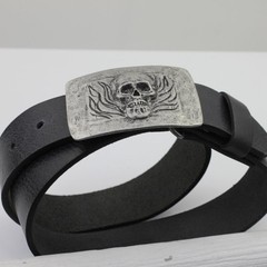 Belt Buckle Skull, Skull on Fire, Dark Silver