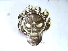 BELT BUCKLE, FLAMING SKULL, SILVER COLOR WITH CREAM ENAMEL
