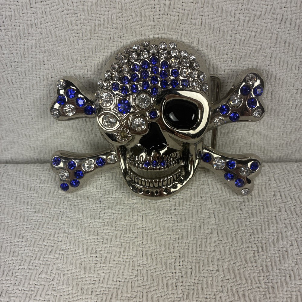 Belt Buckle Skull With Crossbones Blue Clear Rhinestones New No Tags