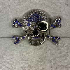 Belt Buckle Skull With Crossbones Blue Clear Rhinestones New No Tags
