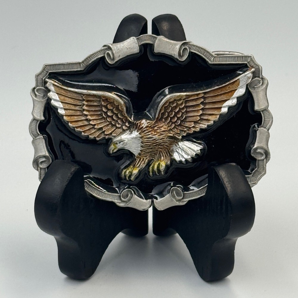 Bald Eagle Belt Buckle Western Americana Black Enamel Silver Tone