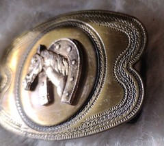 Vtg Horse Head Belt Buckle With Horseshoe Collar Brass Tone Japan