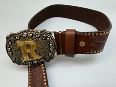 Antiqued Silver Letter Initial R Gold Classic Rectangle Flower Belt Buckle