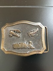 Vintage ADEZY Denver CO Solid Brass Belt Buckle Biplane Airplanes Steam Train