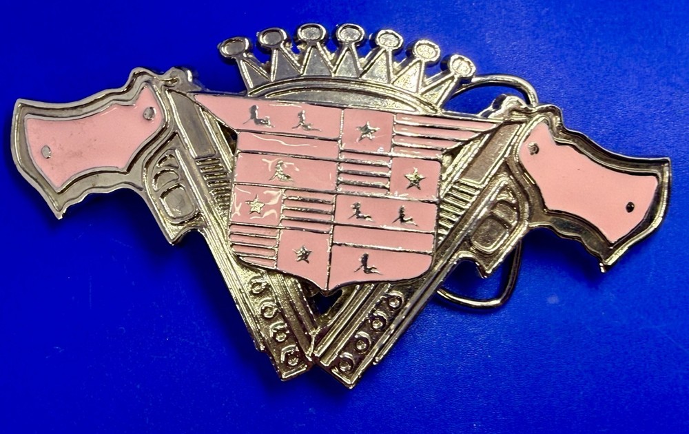 Guns Crown Shield Trucker Cadillac Grill Pink Enamel Belt Buckle Bottle Opener