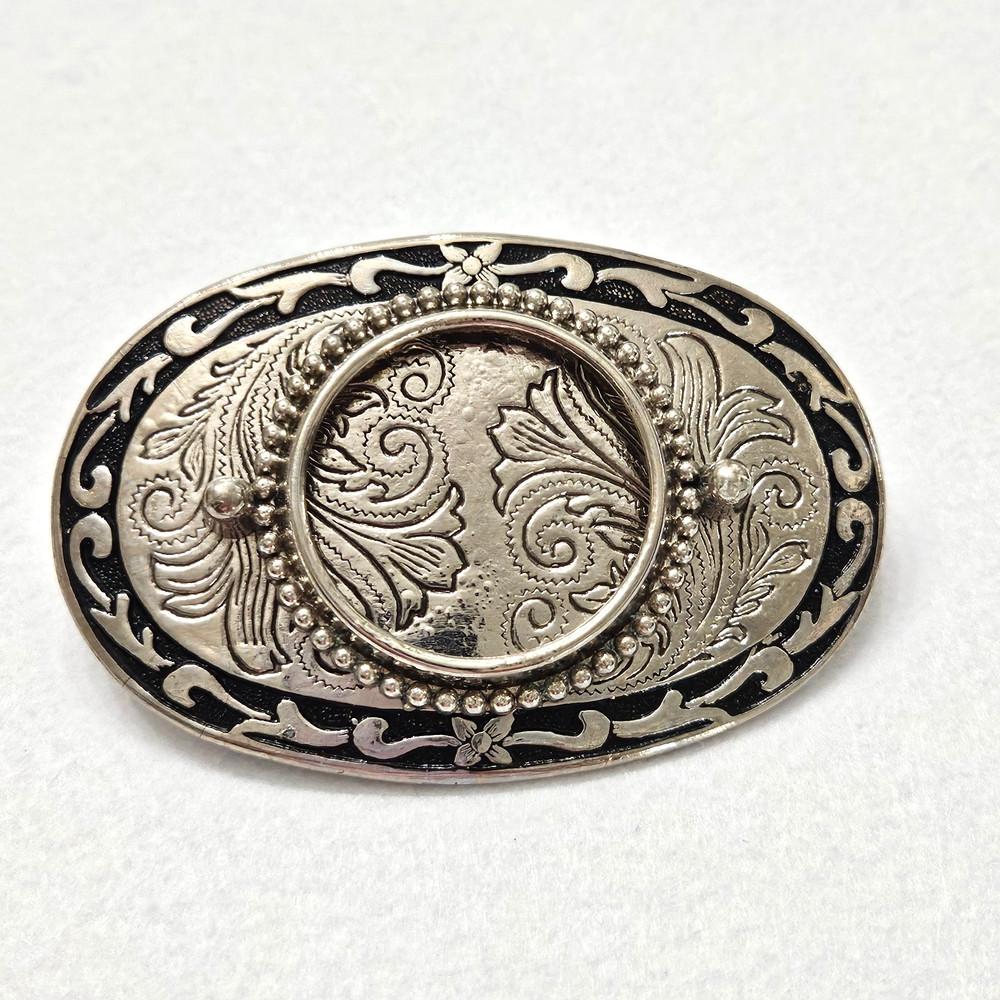 Vintage Two Tone Western Belt Buckle Coin or Stone Holder Engraved Scroll Work