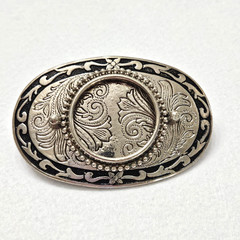 Vintage Two Tone Western Belt Buckle Coin or Stone Holder Engraved Scroll Work