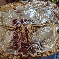 Longhorn Cowboy Belt Buckle Western HebillaSilver & Rosetone 4×3.5 Inch