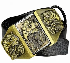 EAGLE BELT BUCKLE WITH HIDDEN FLIP-LIGHTER & Faux Leather Black Belt