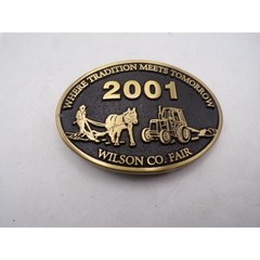 Vintage 2001 Wilson County Fair Belt Buckle Tractor Horse Agriculture Brass Tone