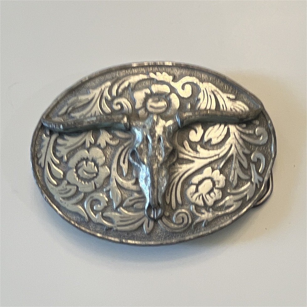 Fim Porter 4746 Oval Silver Western Floral Engraved Longhorn Belt Buckle 1.5&Prime;