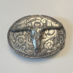 Fim Porter 4746 Oval Silver Western Floral Engraved Longhorn Belt Buckle 1.5&Prime;