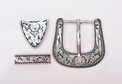 Western Rodeo Floral Engraved Silver 2-Tone Belt Buckle Set Fit 30mm Wide Straps
