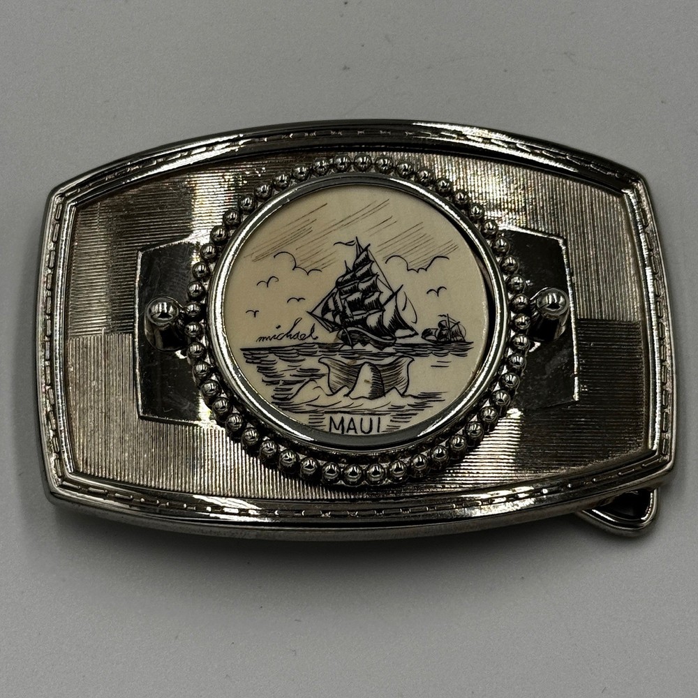 Vintage Maui Sailing Ship Belt Buckle Silver Tone Nautical