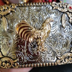 Rooster Western Belt Buckle Rose Tone And Silver Rare Piece With Red Stones