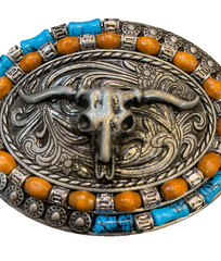 Western Longhorn Skull Belt Buckle Turquoise Coral Style Silver Tone Cowboy 4&Prime;