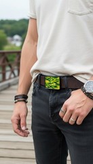 Men Black Metal Belt Buckle Army Green Camouflage Trendy Accessory Hunter Animal