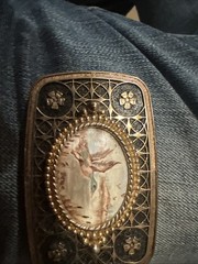 Western Flower Pattern with Brown Stone Oval Brass Metal Belt Buckle Unisex