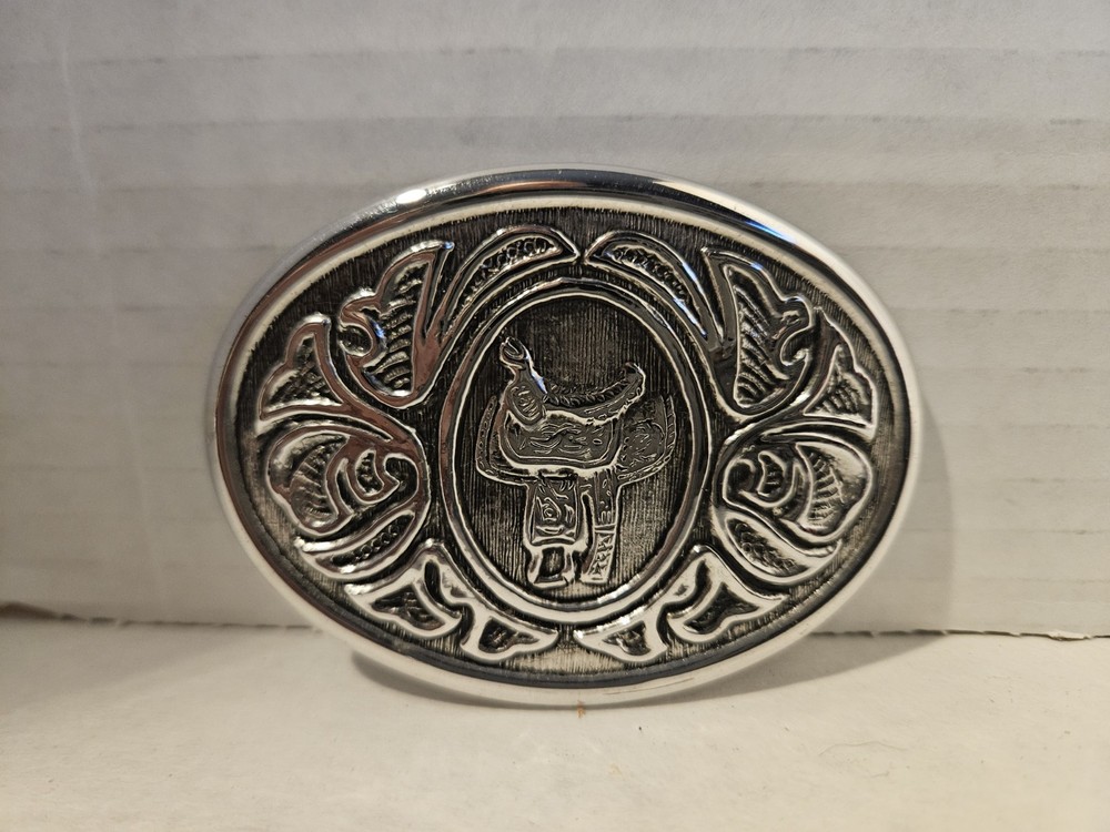 Vintage Avon Silver Saddle Belt Buckle Western Floral Scrollwork Cowboy 1970s