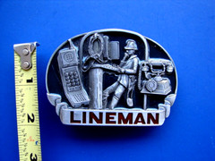 Vtg 80s Great American Belt Buckle Telephone Lineman Pewter 1983 C&J Inc