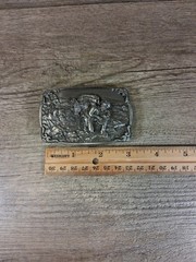 Vintage Bergamot Brass belt buckle 1984 Gold Miner, silver color Made in USA 23f