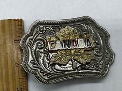 ESTATE SILVER TONE BELT BUCKLE CANADA MAPLE LEAF FLORAL MEN WOMEN UNISEX
