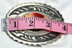 Vintage Silver Color Western Stamped Belt Buckle w/ Agate (red, orange, white)