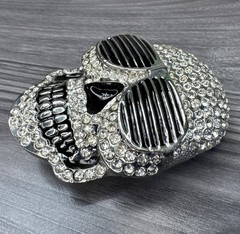 Skull Belt Buckle Wearing Sunglasses Silver Finish Clear Stone