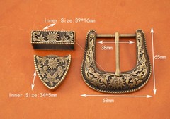 Western Belt Buckle Three Piece Set Antique Brass Floral Design Unisex 1 1/2&Prime;