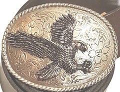 Oval Belt Buckle, Silver Tone, Eagle and Flowers With Leather Belt