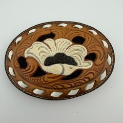 Tony Lama Vintage Tooled Leather Floral Belt Buckle Brown White Made in USA