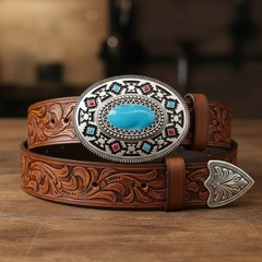 New Men Silver Metal Buckle Native Ethnic Aztec Style Oval Turquoise Blue Color