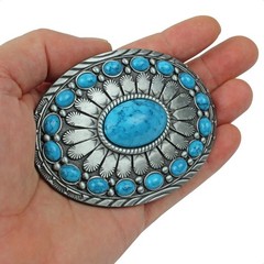 Oval Southwestern Turquoise Beads Belt Buckle Antique Silver Fits 1.5 inch Belts