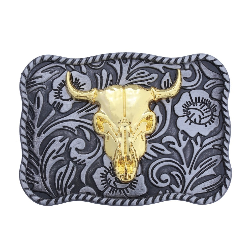 Western Bull Skull Belt Buckle Floral Engraved Cowboy Longhorn Style Unisex Gift