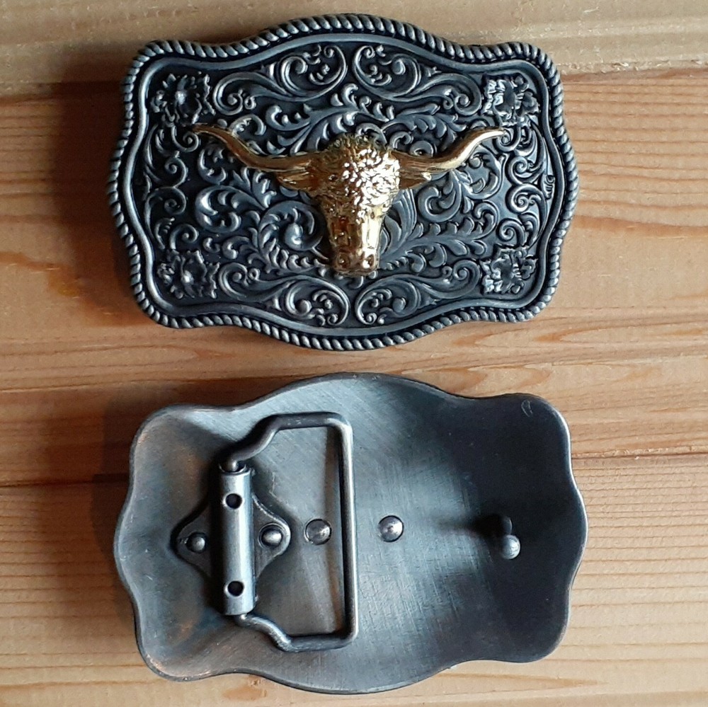 Long horns head bull western gold & metal belt buckle (choice designs)