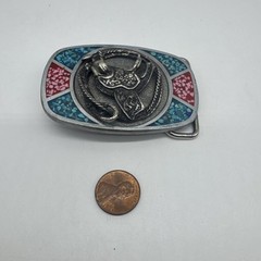 Vtg Southwest 3D Rope And Saddle Turquoise Red Coral Chip Inlaid Belt Buckle